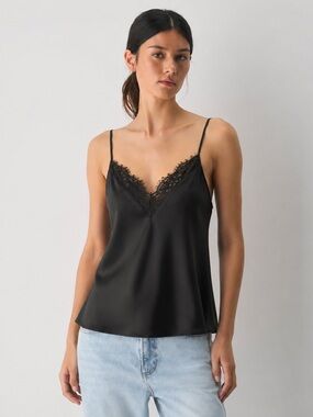 Melrose & Market Silk Lace Cami Top Black Satin Tank XXS NWOT Y2K Chic